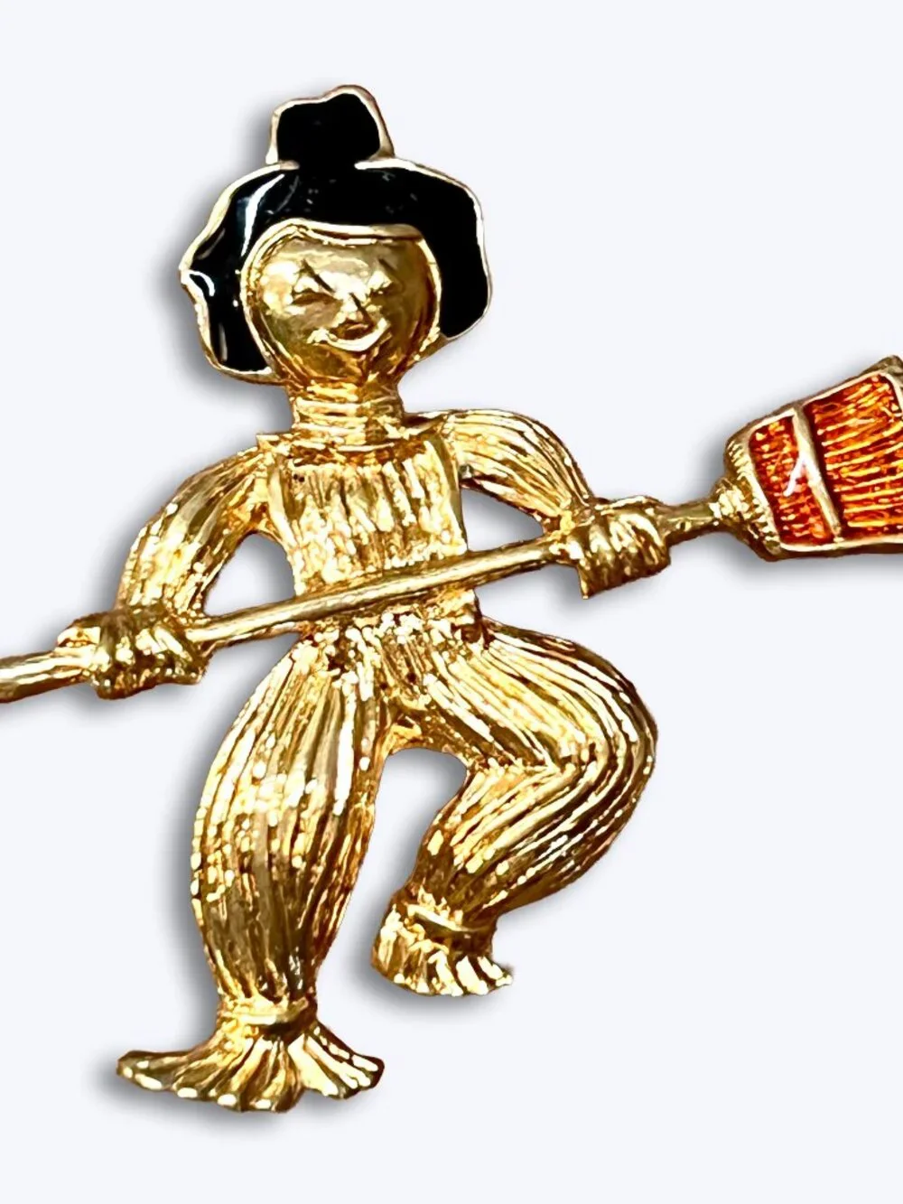 Vtg Avon Goldtone Enamel Dancing Scarecrow Broom Brooch Pin Halloween Fall Retro